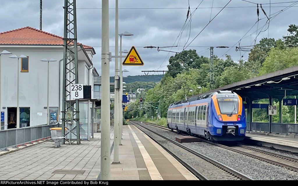 Melsungen Hauptbahnhof with a northbound commuter train departing to Kassel, Germany